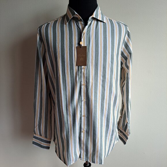 NEW Stenstroms Striped Green Orange Button Down Linen Cotton Dress Shirt Size L - Picture 2 of 16